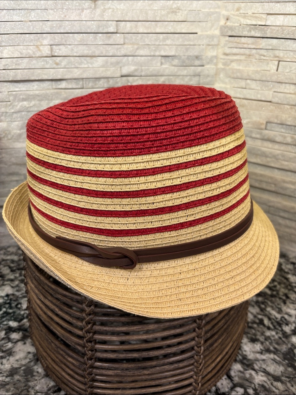 Calvin Klein Red and Tan Striped Straw Trilby with Brown Band